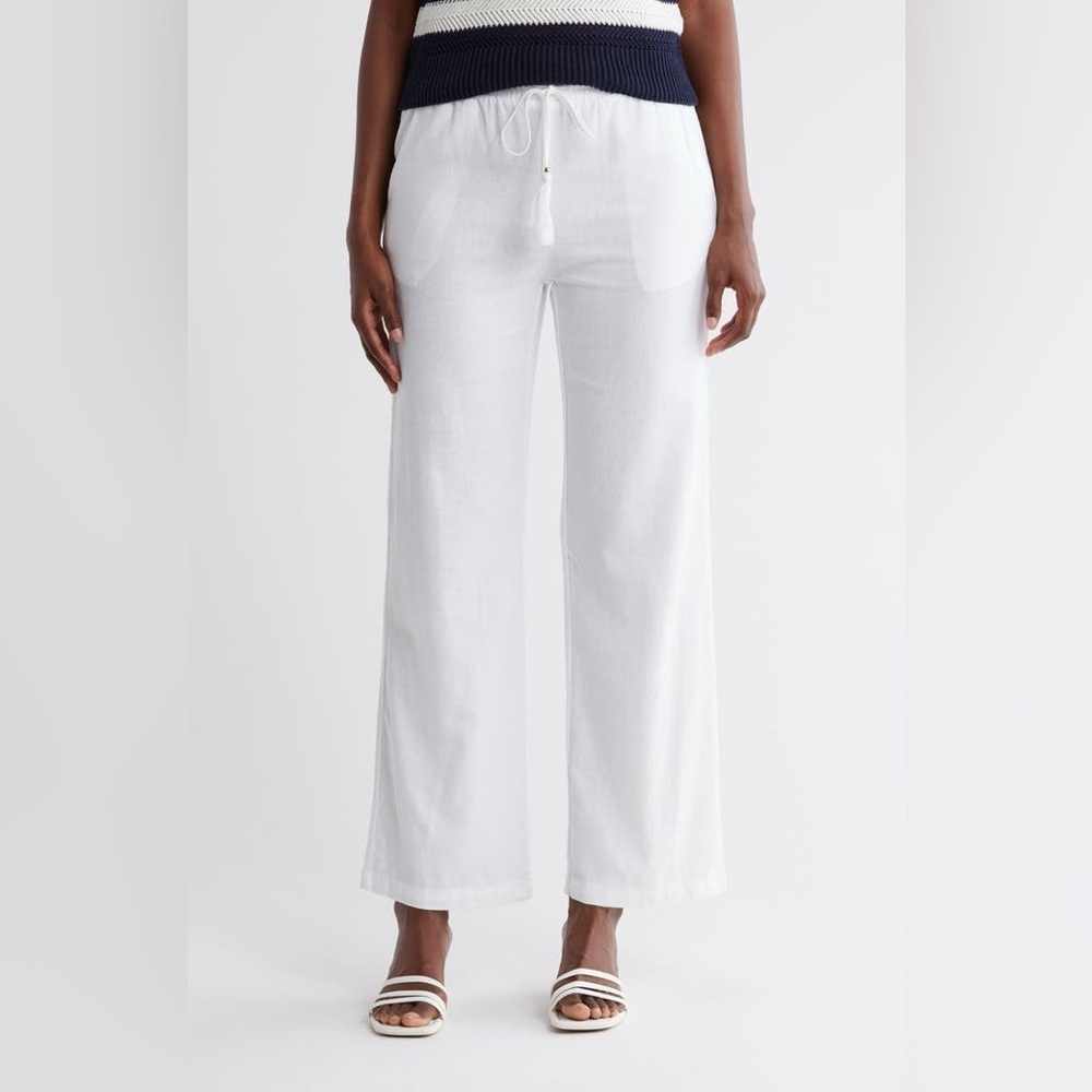 Ellen Tracy New White Linen Pants Drawstring Wide Leg Timeless Classic Medium - Picture 1 of 14